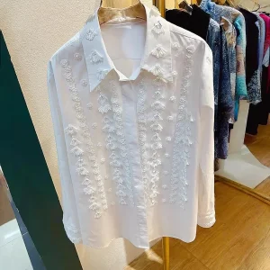 2026 New Spring Women Long Sleeve Cotton Tops Turn Down Collar Fashion Sequins Embroidered White Shirt - AliExpress Shirts & Blouses