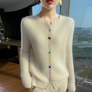 Fashion Color Button Fried Dough Twists Cardigan Women's Round Neck Cardigan 100% Cashmere Sweater Autumn Winter Thickened Jacke - AliExpress Sweaters&Jumpers
