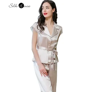 100% Natural Mulberry Silk Lapel Short Sleeved Solid Color Lace Up Can Be Worn Outside Short Sleeved Home Clothes Two-piece Set - AliExpress Women's Sleep & Lounge