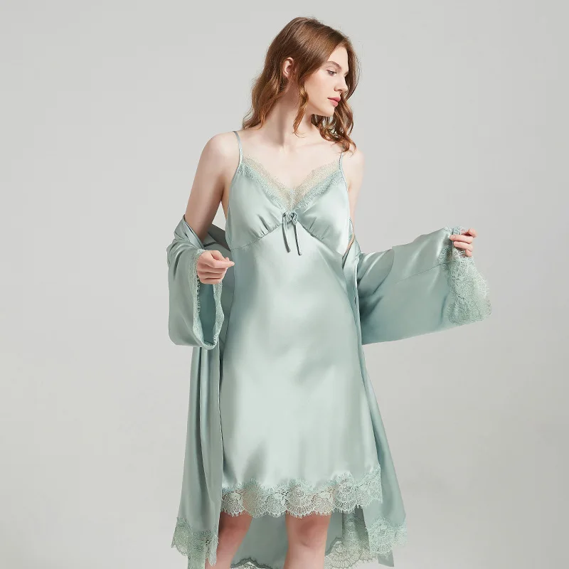 19 Momme 100% Silk Cami Robe Set Lace Luxury Satin Pajamas 2PCS Women Sexy Loungewear All Season Outdoor - AliExpress Women's Sleep & Lounge