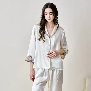 19MM 100% Mulberry Silk Long Sleeve Sleepwear Lapel Pajamas Set Luxury Lace Women's Pajama Set Loungewear Pj Nightwear Pyjama - AliExpress Women's Sleep & Lounge