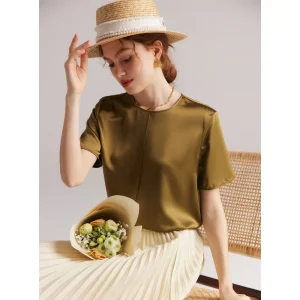 Nanjing Wuang Silk Clothing Heavyweight ort Sve Real Silk T-irt Women's Summer Satin Pure Color round Ne irt - AliExpress Shirts & Blouses