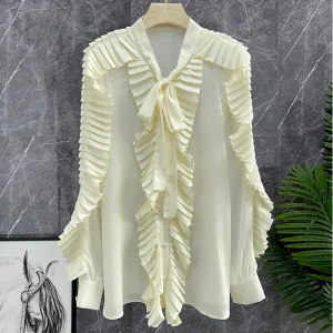 Silk irt Heavy Embroidery Bow Tie Square Collar Lace   Sle Women's Premium Quali Long Sve Straight Cut - AliExpress Shirts & Blouses