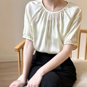 Elegant Lace Splicing Loose Silk Shirt Women's Summer Luxury Sensation Silk Blend Bubble Sleeve round Neck Casual Top - AliExpress Shirts & Blouses