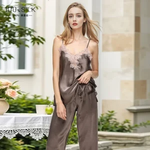 100% Mulberry Silk Camisole Top and Trousers Pajamas Set Sexy Lace V Neck Women's Summer Sleeveless Pajama Sleepwear Loungewear - AliExpress Women's Sleep & Lounge