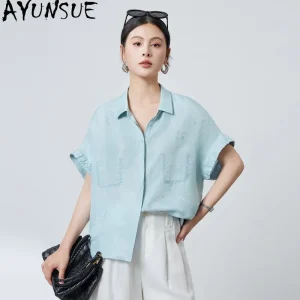 AYUNSUE Real Silk Women's Blouses and Shirts Solid Short Sleeve Tops for Woman Fashion Lapel Commuting Summer Top Woman Clothes - AliExpress Shirts & Blouses