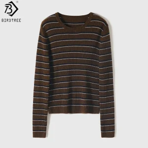 Birdtree,90% Sheep Wool 10% Cashmere Knitted Sweater,Woman Stripe O-neck Bottoming Knitwear,2025 Autumn Soft Pullover T5O725JF - AliExpress Sweaters&Jumpers