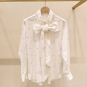M Home Early Autumn 2026 White  Knot Collar Rhinestone Embellished Long Sleeve Loose Draped Shirt Women's Fashion - AliExpress Shirts & Blouses