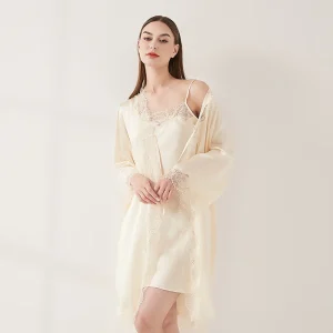 19MM 100% Mulberry Silk Lace Trim Sexy Kimono Bride Bathrobe and Night Gown Homewear Two Piece Set Lace-up Robe with Slip Dress - AliExpress Women's Sleep & Lounge