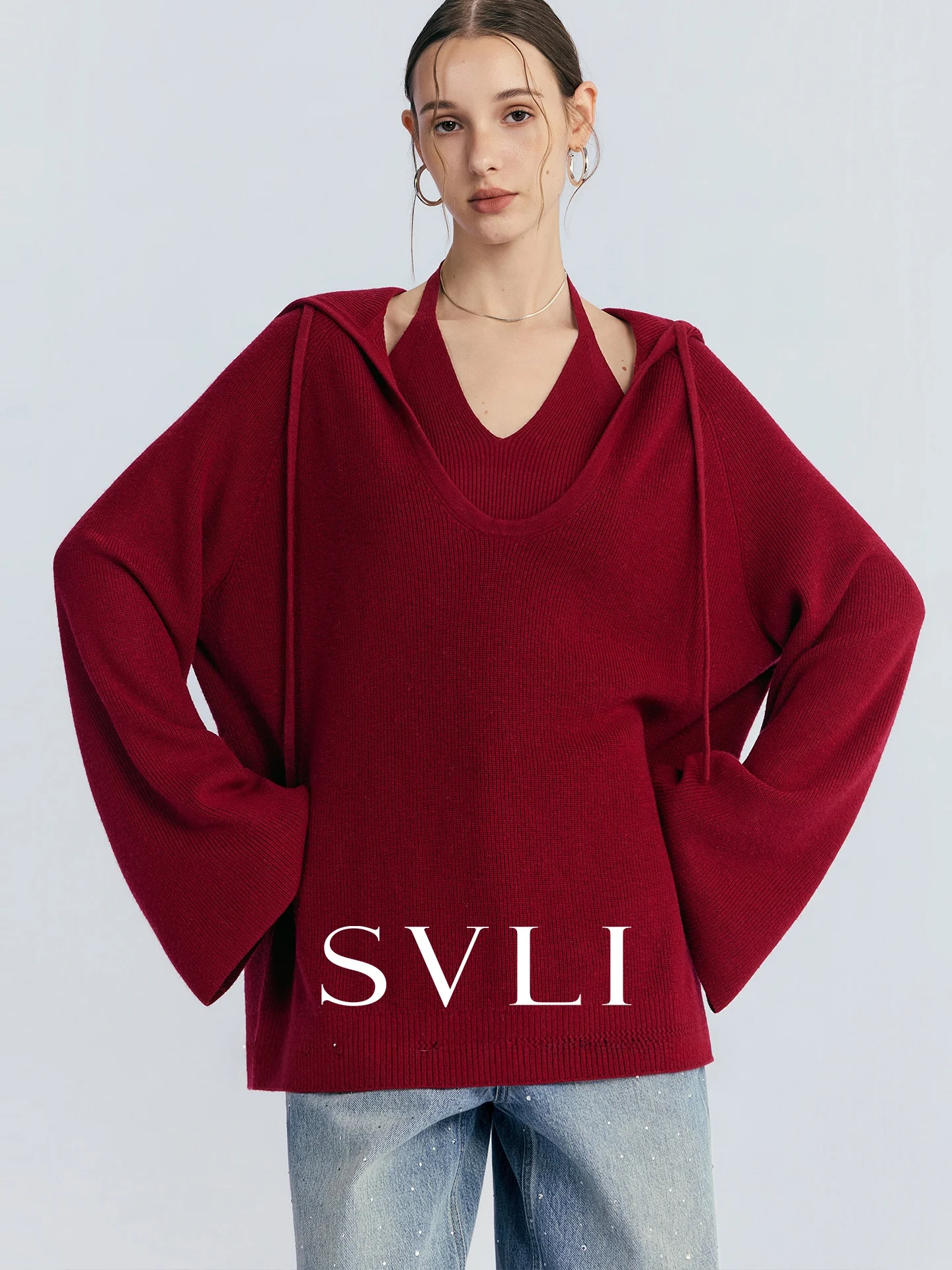 SVLI Poetic Clothing Woolen Loose Hooded Cardigan Two-Piece Set Hanging Ne Vest Women's Long Sve Knitted Sweater Set - AliExpress Sweaters&Jumpers