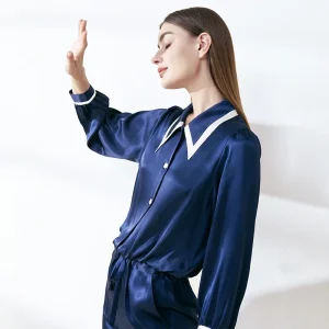 19MM 100% Mulberry Silk Pointed Collar Long-sleeved Trousers Two-piece Pajamas Set Button Down Cardigan Nightwear Pajama Outwear - AliExpress Women's Sleep & Lounge
