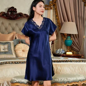 Natural Silk Sexy Lace Sleepshirt V Neck 100% Mulberry Silk Short Sleeve Nightgown Midi Chemise Nightdress Pajama Sleeping Dress - AliExpress Women's Sleep & Lounge