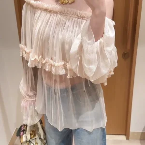 2026 Summer Romantic Ruffles Light Pink Silk Blouse Women's Long Sleeve Sexy Slash Neck Beach Loose Chiffon Tops - AliExpress Shirts & Blouses