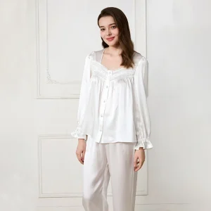 French 100% Mulberry Silk Women Pajamas Set White Lace Ruffle Cuff Button Down Long Pants Nightwear Loungewear Gift For Brides - AliExpress Women's Sleep & Lounge