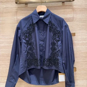 Heavy Duty Shiny Sequin Rivet Decorated Deep Blue Front Short Back Long Shirt Casual Loose Fit Cotton Long Sleeve Women's Shirt - AliExpress Shirts & Blouses