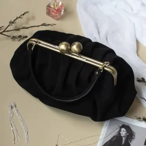 LOST IN VINTAGE Black Velvet Bag Clutch Kiss-lock Simple Soft Finish Voluminous and Spacious Shape Brass Fittings 38x20x10cm - AliExpress Women's Handbags