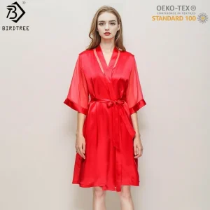BirdTree,OEKO-TEX,19MM 100%  Silk Night-Robe,Women V Neck Half Sleeve,Elegant Homewear Pajamas Robe,2025 New P5D912JF - AliExpress Women's Sleep & Lounge