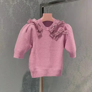 26 Spring New Short Knitwear  Sweet Pink Short Sleeve Bow Bubble Sleeve Top y2k clothes - AliExpress Sweaters&Jumpers