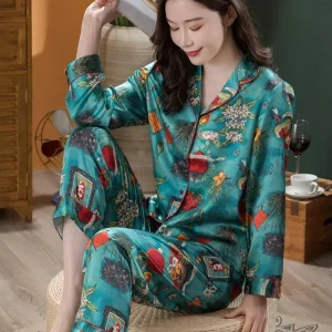 Printed 100% Mulberry Silk Pajama Set Women's Long Sleeve Sleepwear Button Lapel Top With Elastic Pants Nightwear 2 Piece Lounge - AliExpress Women's Sleep & Lounge
