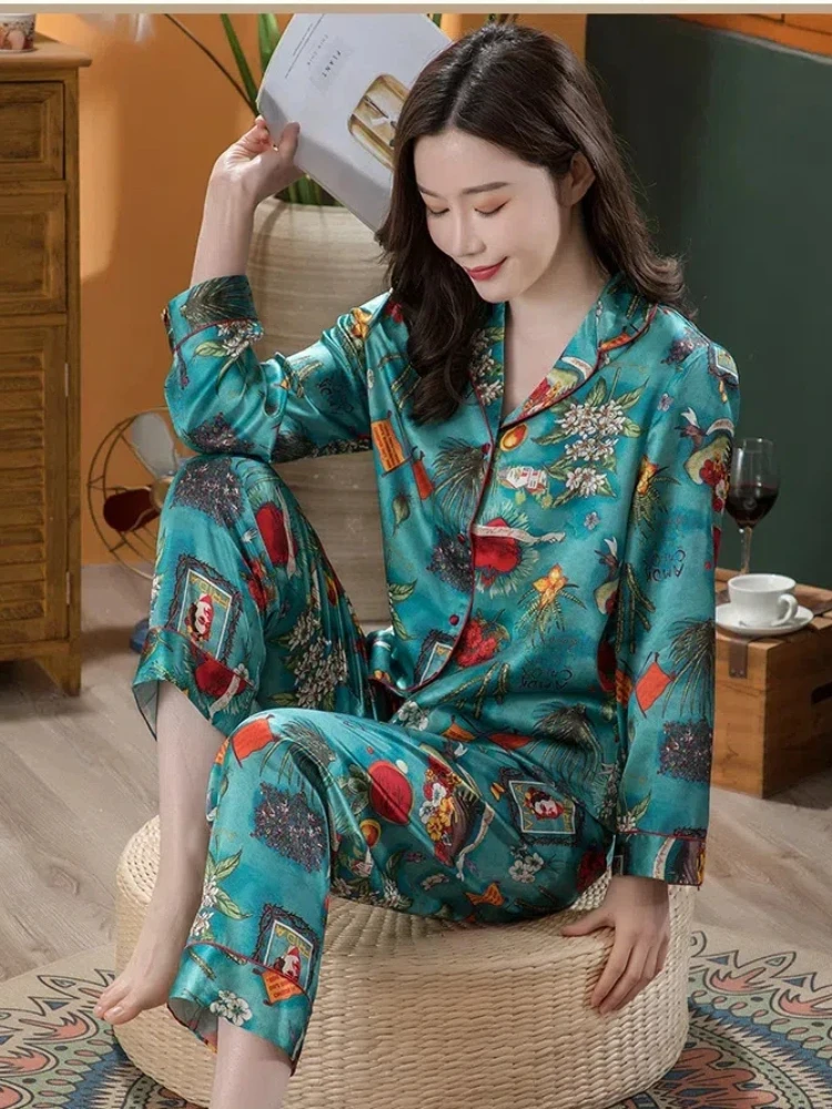 Printed 100% Mulberry Silk Pajama Set Women's Long Sleeve Sleepwear Button Lapel Top With Elastic Pants Nightwear 2 Piece Lounge - AliExpress Women's Sleep & Lounge