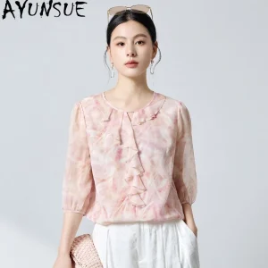 AYUNSUE 100% Silk Women's Blouses and Shirts Fashion O-neck Ruffled Blouse Comfortable Summer Tops Woman Clothes Блузка Женская - AliExpress Shirts & Blouses