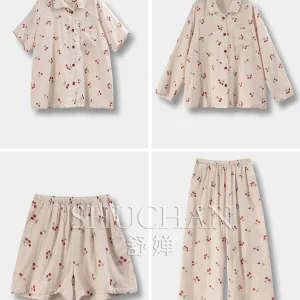 Double Cotton Yarn Cherry Shirt + Shorts/Trousers Pajama Set Loungewear 2026 New 12X6 - AliExpress Women's Sleep & Lounge
