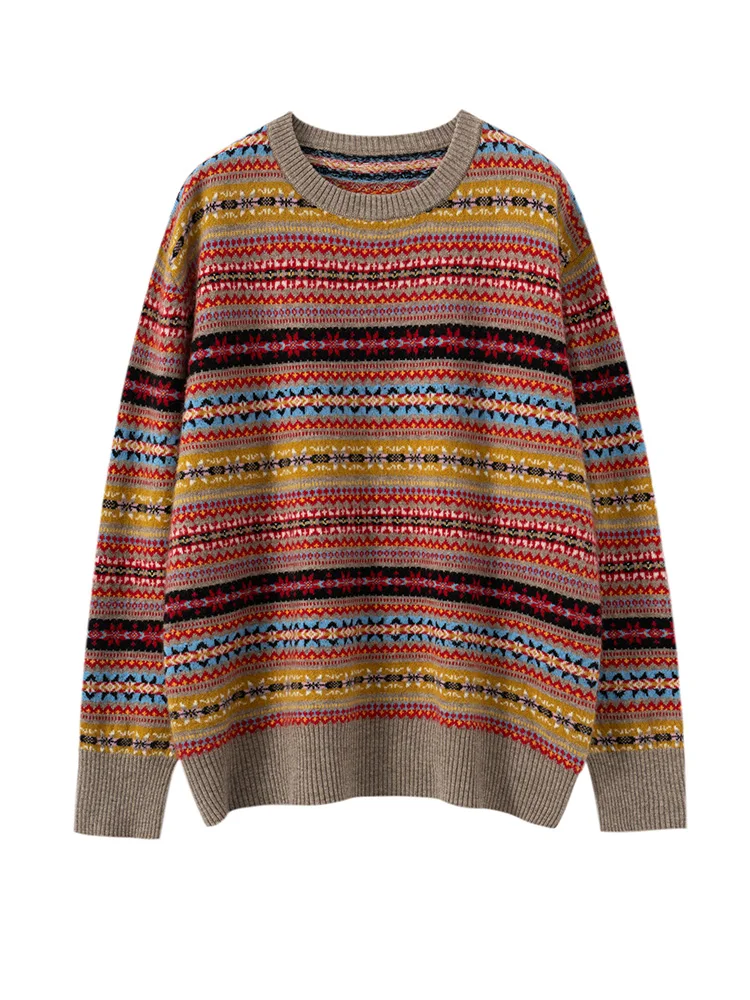 O-Neck Fair Isle Sweater Autumn Winter Women's 100% Cashmere Knitwear Soft Warm Casual Retro Pullover Female Clothes Office Lady - AliExpress Sweaters&Jumpers