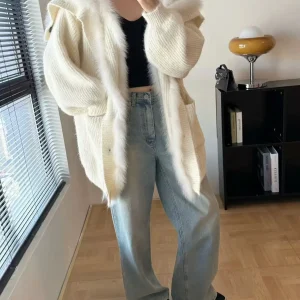 New fox fur collar knitted cardigan for 2025 autumn and winter, a laid-back style high-end young mid-length sweater for women - AliExpress Sweaters&Jumpers