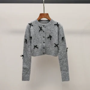 Sweet Princ Sle ort Knitted Cardigan round Ne  Knot Sequin Embellied Open Front Loose Fit Women's Sweater - AliExpress Sweaters&Jumpers