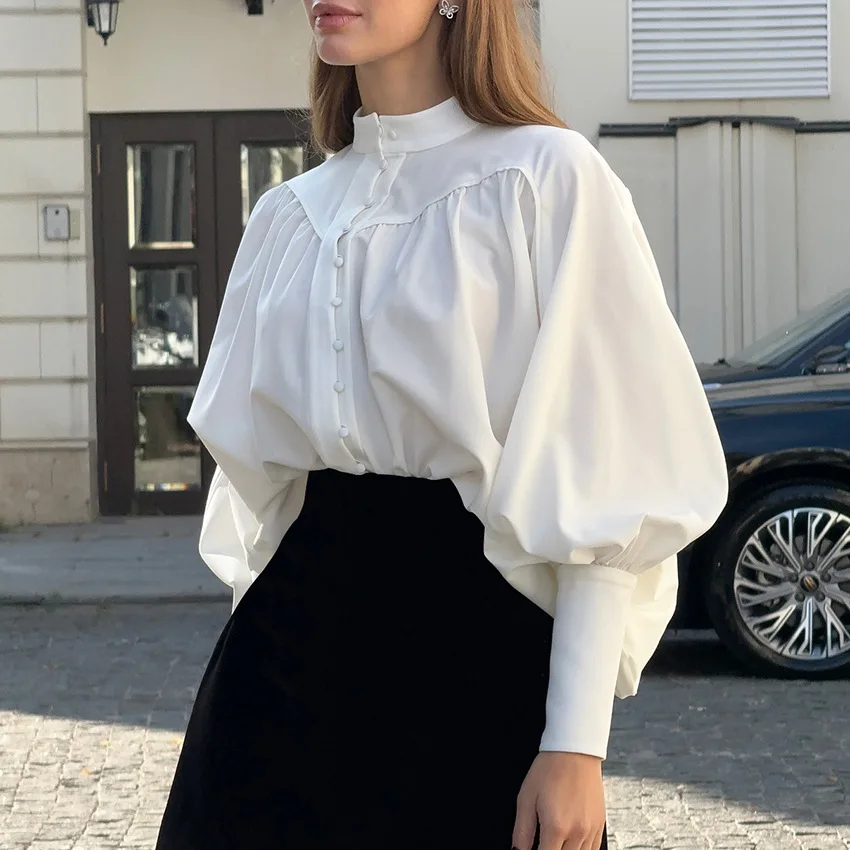 2026 Winter Elegant White Office Shirt for Women Long Lantern Sleeve Loose Fit Blouse Vintage Loose Pleated Single Breasted Tops - AliExpress Shirts & Blouses