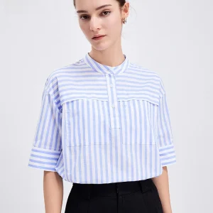Navigare Women's Pure Cotton Five-Quarter Sve irt Spring Summer New Sle Stand Collar Striped ort irt Casual Loose Fit - AliExpress Shirts & Blouses