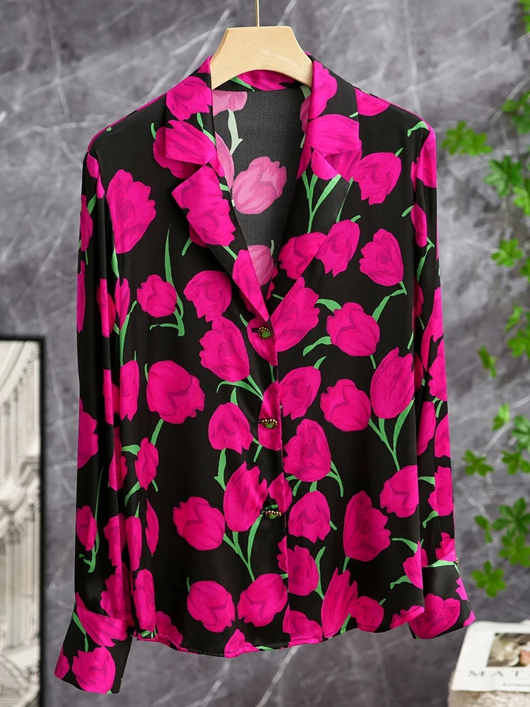 Tulip Treasure Silk Shirt Satin Surface Printed Wine Red Western Style Collar Long Sleeve Women's Premium Fashion Spring Top - AliExpress Shirts & Blouses