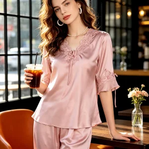 100% Real Mulberry Silk 3/4 Sleeve Shirt & Pants Lace Trim Summer Pajamas Set Luxury Satin Women's Casual Nightwear Solid Pyjama - AliExpress Women's Sleep & Lounge