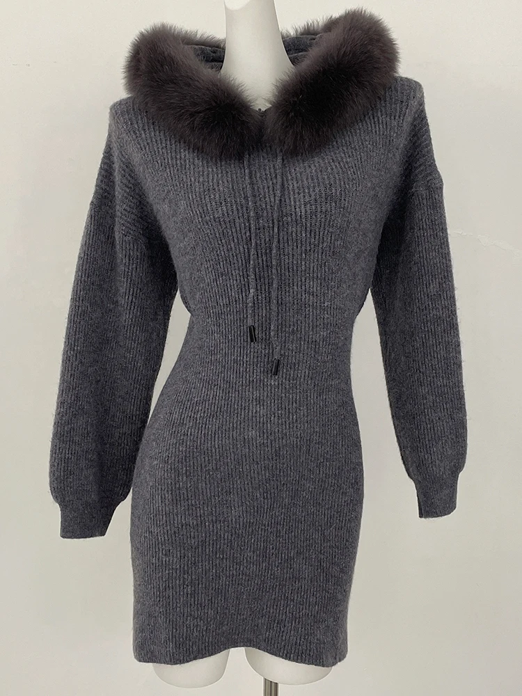 Women Solid Warm Sweater Spring Autumn Knitted Skirt Lady2025 New Real Fox Fur Pullover Female Long Hooded Slim Cardigan - AliExpress Sweaters&Jumpers