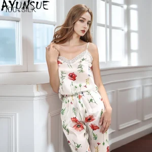 AYUNSUE 16Mm 100% Real Mulberry Silk Sleepwear Women Summer Home Clothes Pajama Set Sleeveless Top Pants Print Pijama Feminino - AliExpress Women's Sleep & Lounge