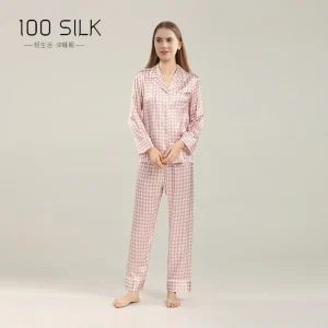 Houndstooth 100% Mulberry Silk Long Sleeve Trousers Nightwear Suit 19MM Heavy Silk Ladies Pajama Sets Printed Holiday Pajamas - AliExpress Women's Sleep & Lounge