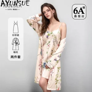 AYUNSUE 100% Silk Women's Pajamas and Robes Luxury Floral Pajama Sets Sleeveless Dress Long Sleeve Robe Womens Matching Sets 잠옷 - AliExpress Women's Sleep & Lounge
