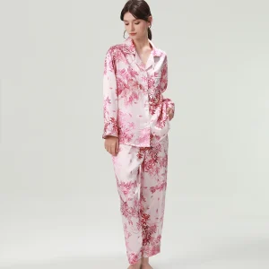 19MM 100% Mulberry Silk Printed Women Christmas Pajamas Sets Nighty Button Up Long Sleeve Lapel Tops and Pants Pajama Loungewear - AliExpress Women's Sleep & Lounge