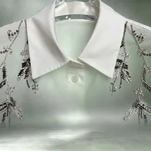 Women's White Collared Rhinestone With Beaded Bow Shirt - AliExpress Shirts & Blouses