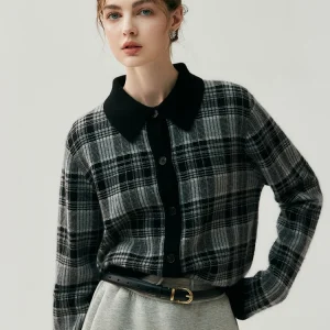 Vintage Women's Shirt Cardigan 100% Cashmere Autumn Winter Sweater Blouse Black White Plaid Shirt Polo Collar Warm Knitwear Coat - AliExpress Sweaters&Jumpers