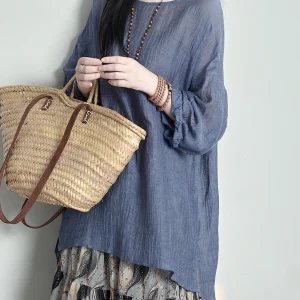 Artistic Loose Cotton Linen irt Thin Folded Women's Casual Faion Summer Long Sve round Ne Pure Color Overhead irt - AliExpress Shirts & Blouses