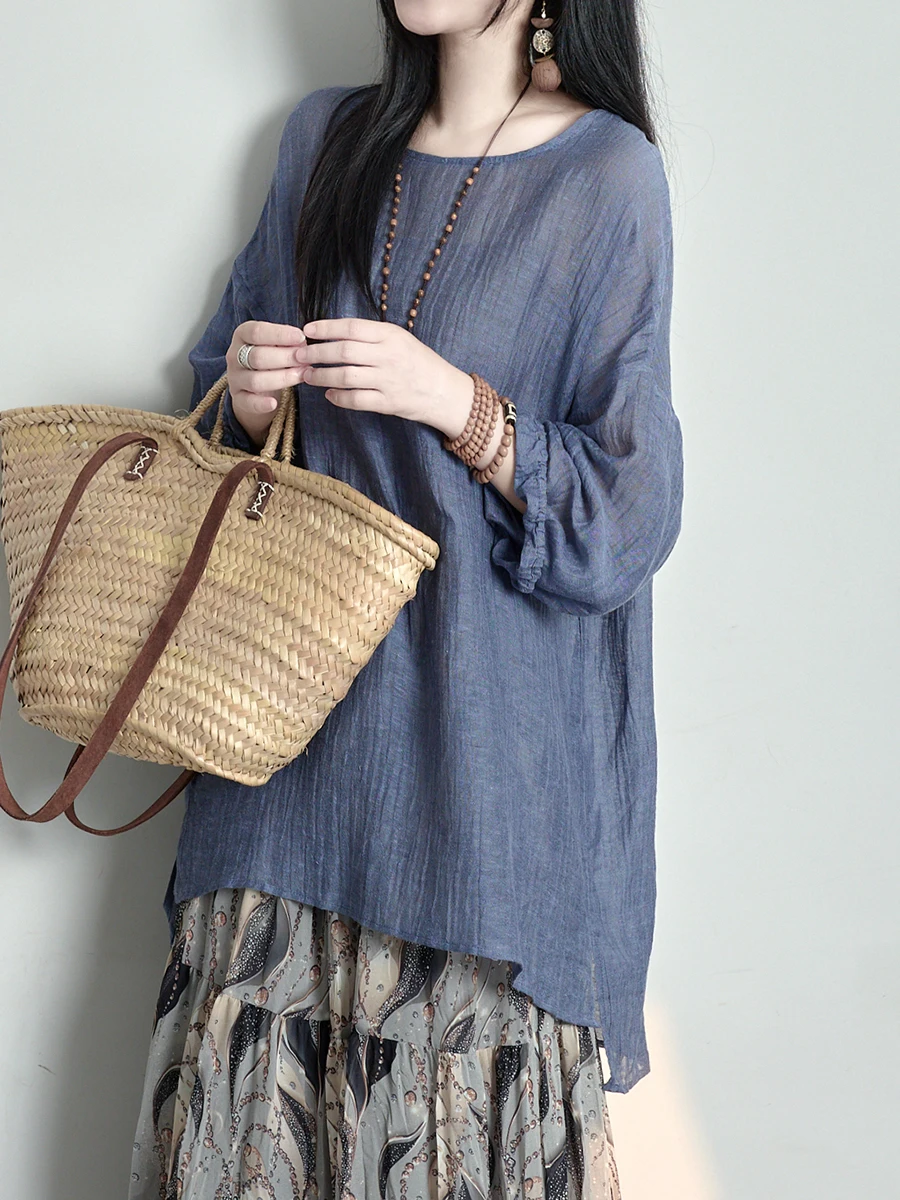 Artistic Loose Cotton Linen irt Thin Folded Women's Casual Faion Summer Long Sve round Ne Pure Color Overhead irt - AliExpress Shirts & Blouses