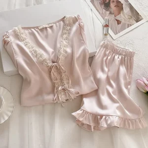 Sweet Princess Style Silk Pajamas for Women Solid Color Short Sleeved Shorts Mulberry Silk Home Wear Set Summer Thin Style XL - AliExpress Women's Sleep & Lounge