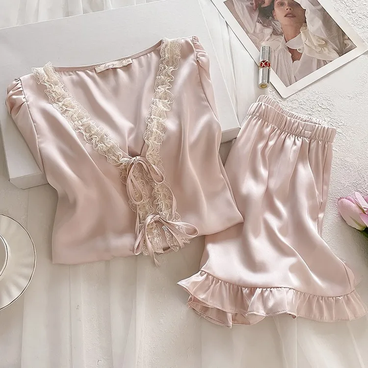 Sweet Princess Style Silk Pajamas for Women Solid Color Short Sleeved Shorts Mulberry Silk Home Wear Set Summer Thin Style XL - AliExpress Women's Sleep & Lounge