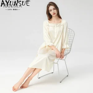 AYUNSUE 100% Silk Night Dresses for Woman Cute Square-necked Princess Dress Puff Sleeves Pajamas for Women High Quality Пижама - AliExpress Women's Sleep & Lounge