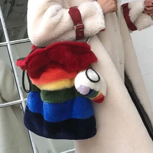 Luxury Brand Spliced Color Rainbow Real Fur Bucket Shaped Handbag Fashion Versatile Large Capacity Single Shoulder Crossbody Bag - AliExpress Women's Handbags