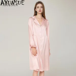 AYUNSUE 100% Mulberry Silk Long Sleeve Dresses Sleepwear 19MM Real Silk Night Dress for Women Spring Summer Clothes Streetwear - AliExpress Women's Sleep & Lounge
