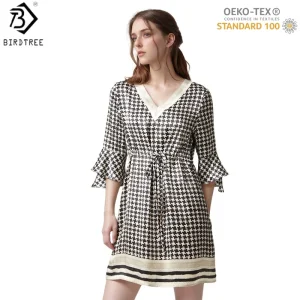 Birdtree,OEKO-TEX,19MM 100% Real Silk Sleep Nightgown,V-neck,Women's Houndstooth Pajama Homewear Casual Dress,2026 New D61209JF - AliExpress Women's Sleep & Lounge