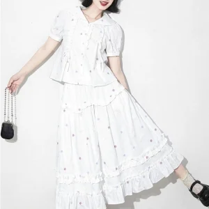 White Embroidered Knot Bubble Sleeve Doll Collar Shirt Set Original Design Loose Fit Cotton Summer Fashion Women's ... - AliExpress Shirts & Blouses