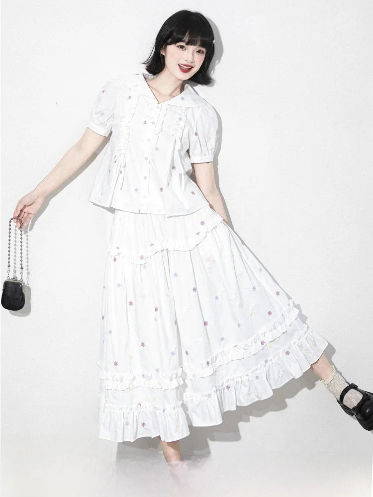 White Embroidered Knot Bubble Sleeve Doll Collar Shirt Set Original Design Loose Fit Cotton Summer Fashion Women's ... - AliExpress Shirts & Blouses